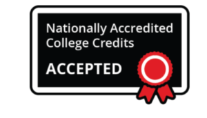 Badge reading "Nationally Accredited College Credits Accepted.