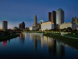 Photo of downtown Columbus Ohio at dusk.