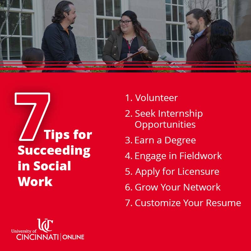 Graphic showing 7 tips to succeed in social work