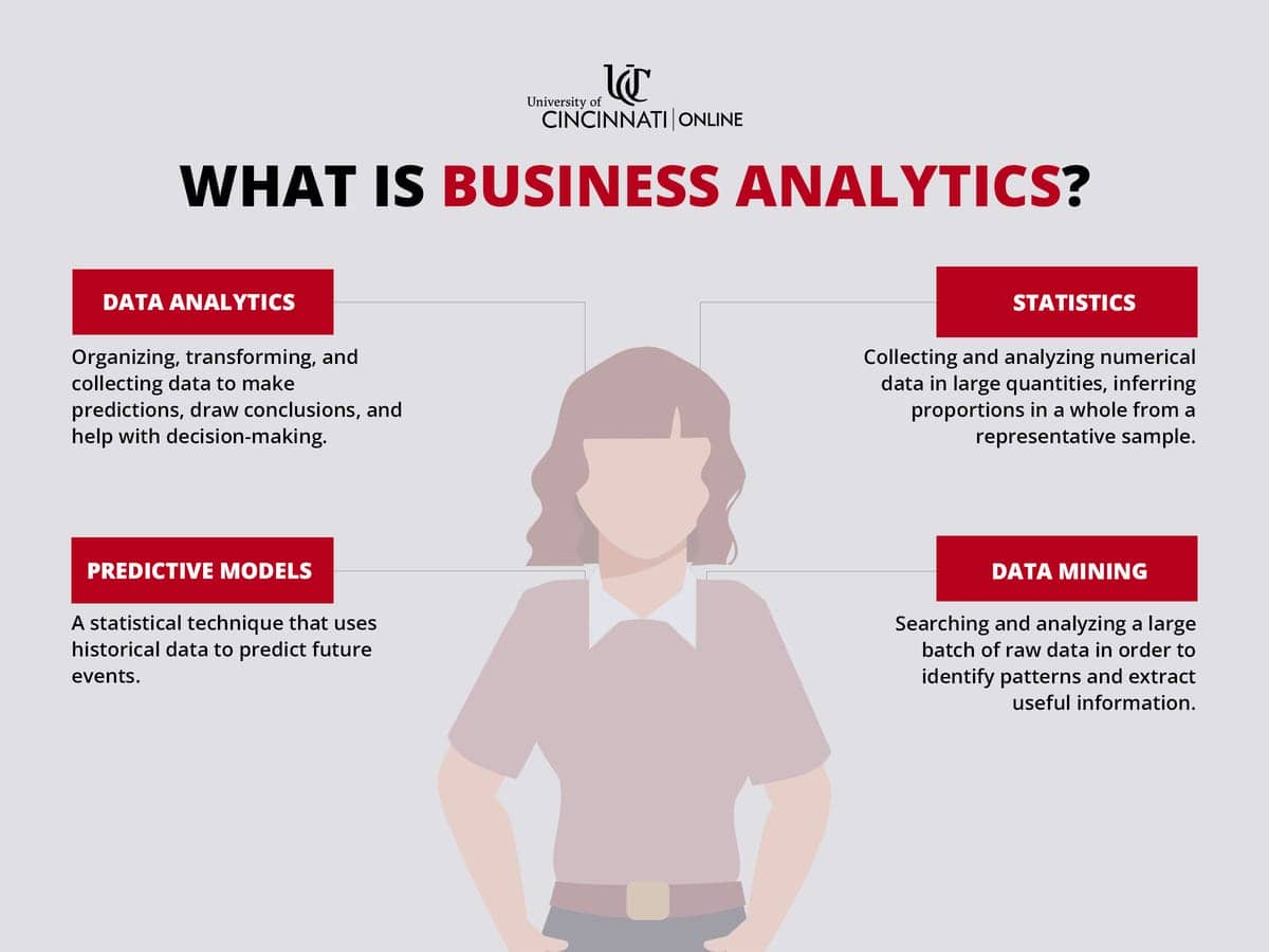 Infographic that explains what business analytics is, including data analytics, predictive models, statistics, and data mining