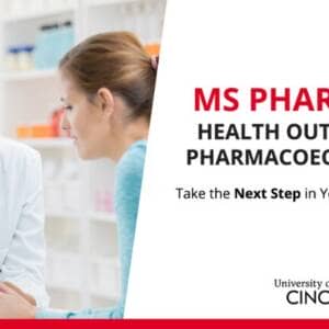 Graphic of a pharmacist helping a patient with the words MS Pharm Sci: Health Outcomes & Pharmacoeconomics take the next step in your career journey.