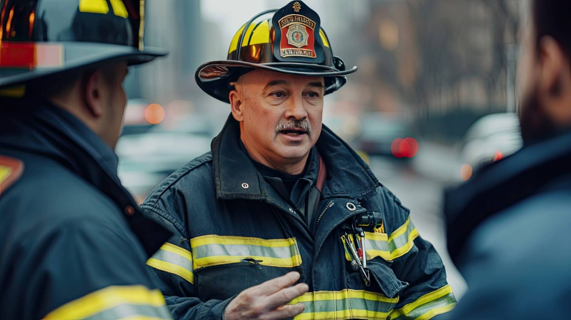 A male fire administration professional is working as a fire chief on the city street. He is facing two other firefighters also wearing fire hats and coats.