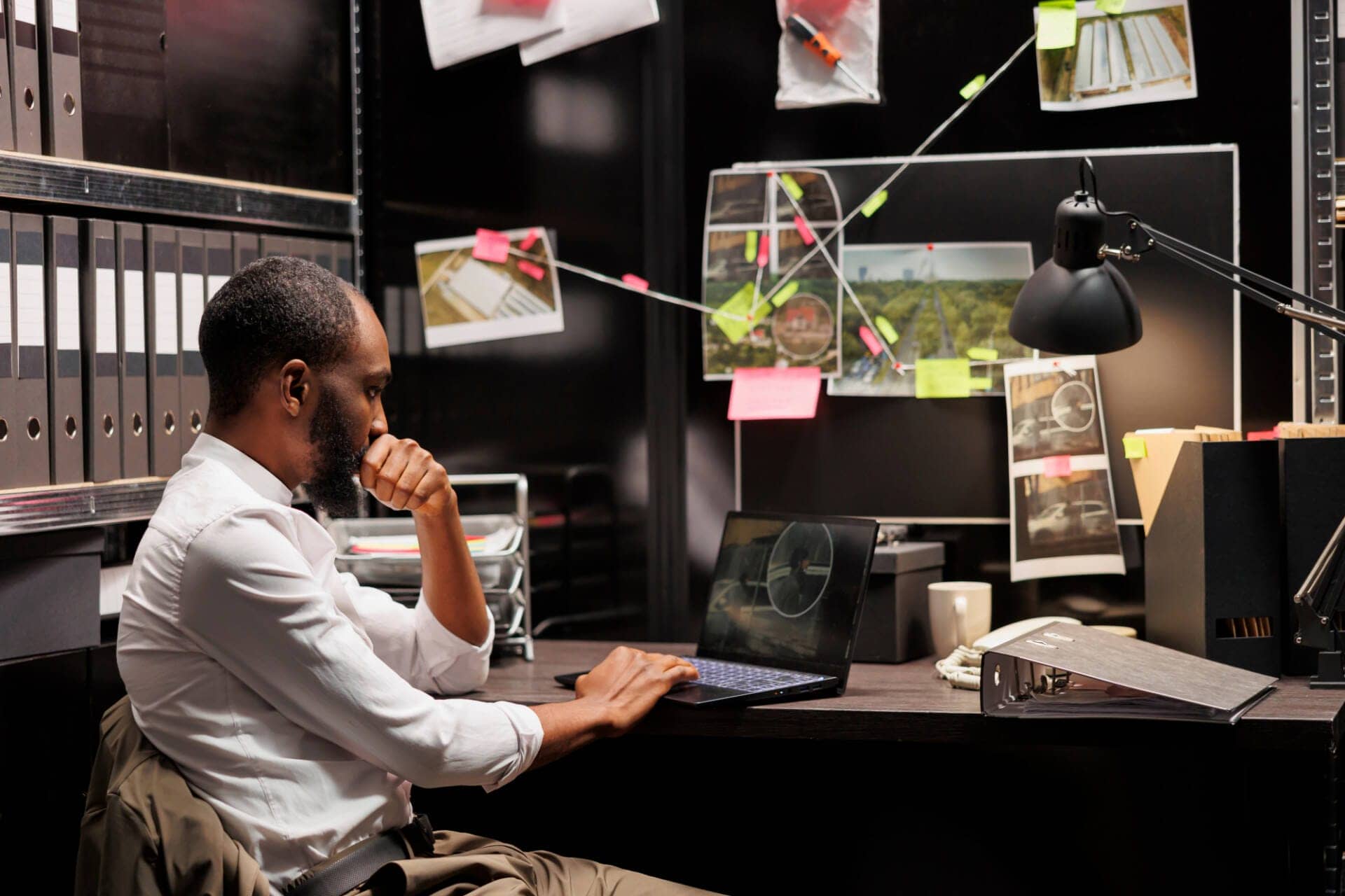 A private detective sits looking at his computer at a desk. On the wall behind his desk are various photographs of evidence, sticky notes, and push pins. There are binders and file folders on his desk.