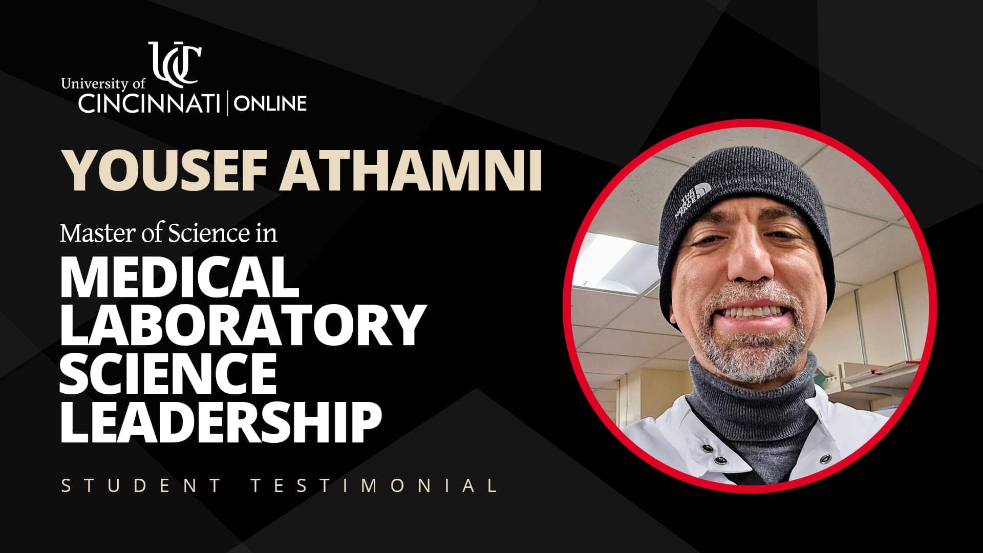 A picture of recent graduate Yousef Athamni is on a black background. Below his name, the text reads: "Master of Science in Medical Laboratory Science Leadership Student testimonial."
