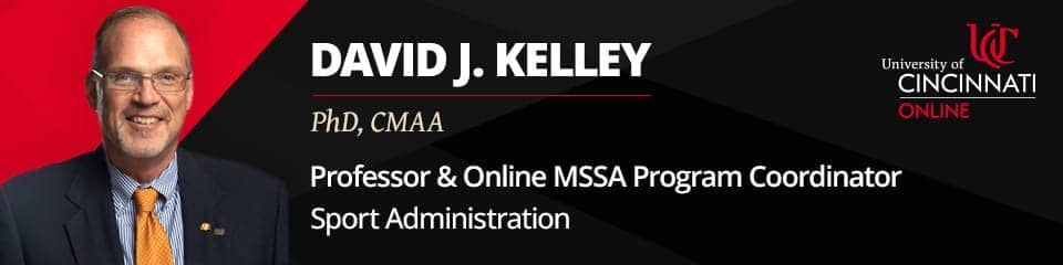 A photo of Dr. David Kelley on a black and red background that reads: "David J. Kelley. PhD, CMAA. Professor & Online MSSA Program Coordinator. Sports Administration.