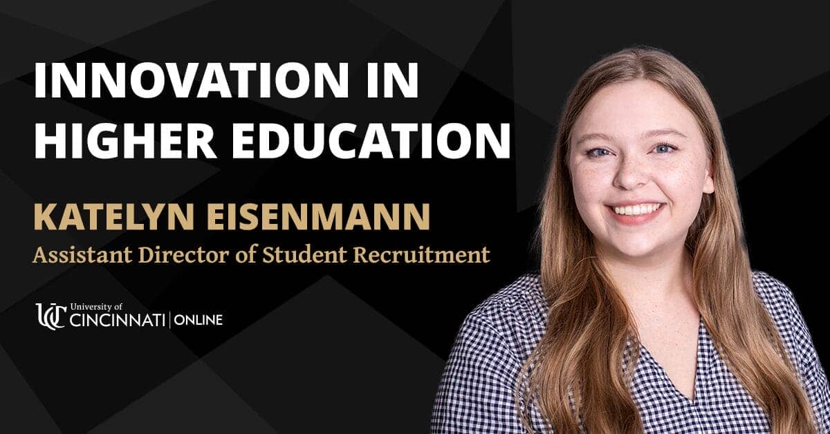 A blog header for a spotlight blog featuring Katelyn Eisenmann's headshot. She is smiling and has long dark blonde hair.